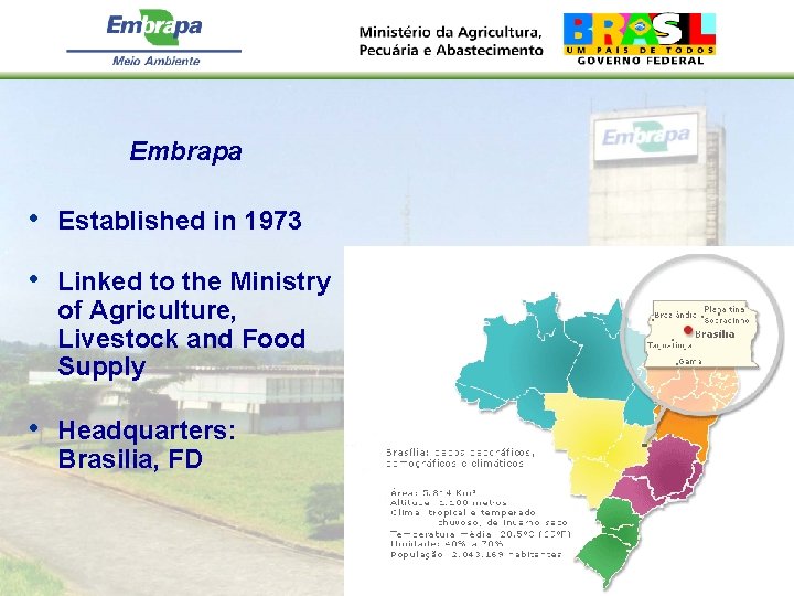 Embrapa • Established in 1973 • Linked to the Ministry of Agriculture, Livestock and