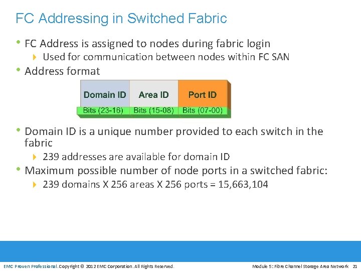 FC Addressing in Switched Fabric • FC Address is assigned to nodes during fabric