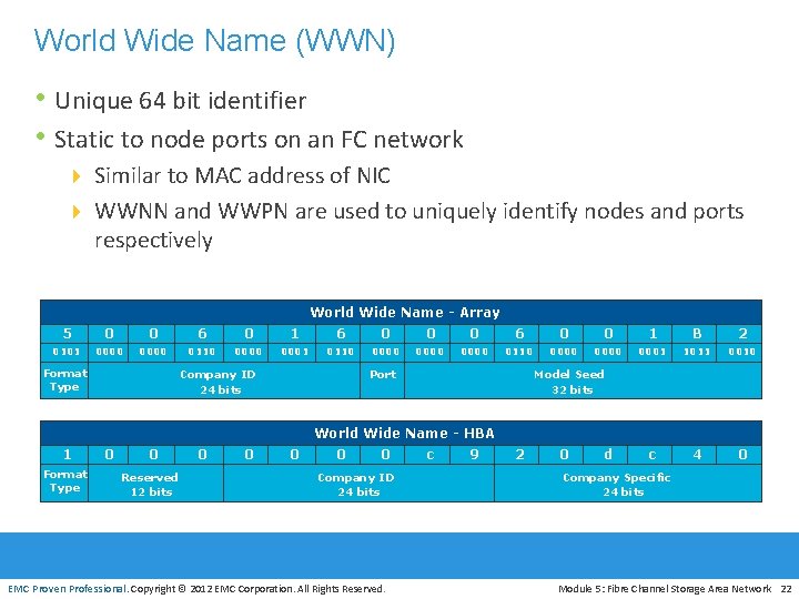 World Wide Name (WWN) • Unique 64 bit identifier • Static to node ports
