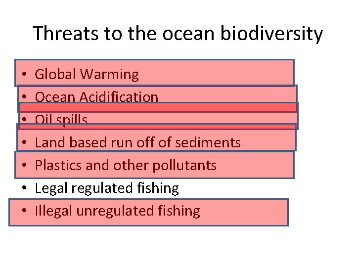 Threats to the ocean biodiversity • • Global Warming Ocean Acidification Oil spills Land