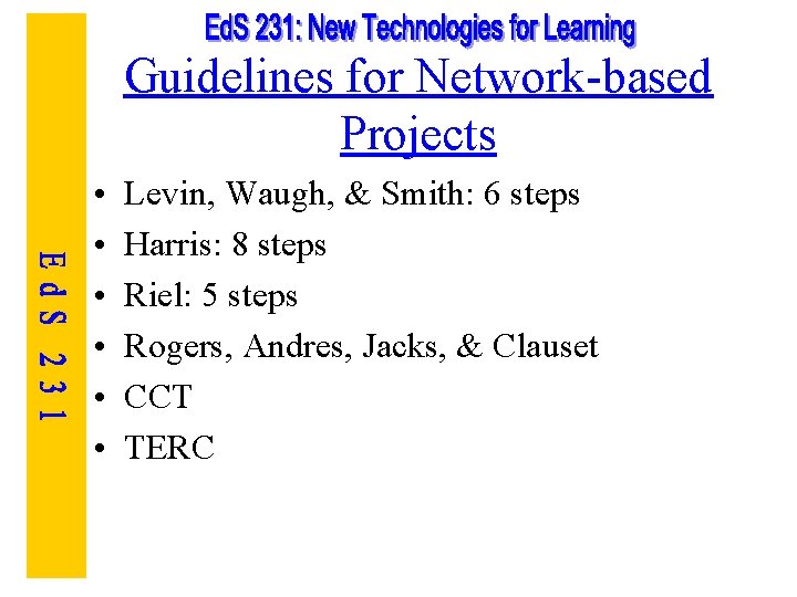Guidelines for Network-based Projects • • • Levin, Waugh, & Smith: 6 steps Harris: