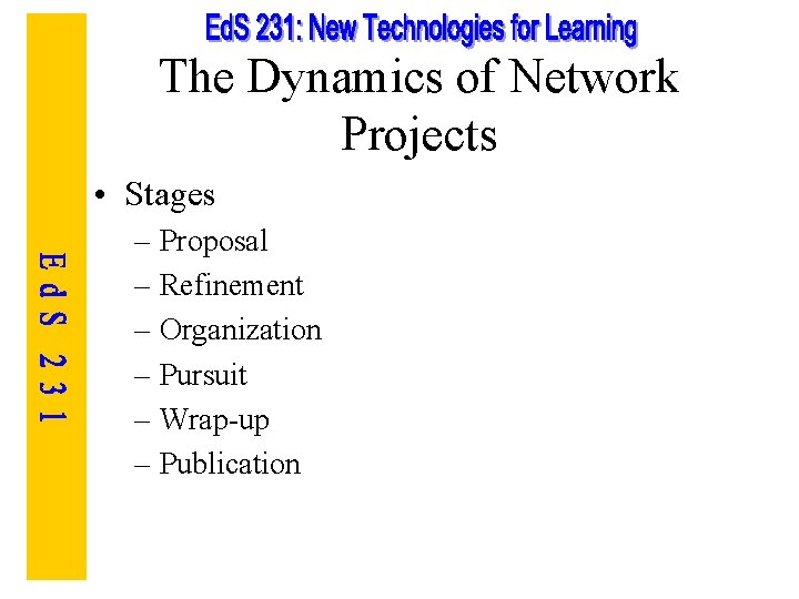 The Dynamics of Network Projects • Stages – Proposal – Refinement – Organization –