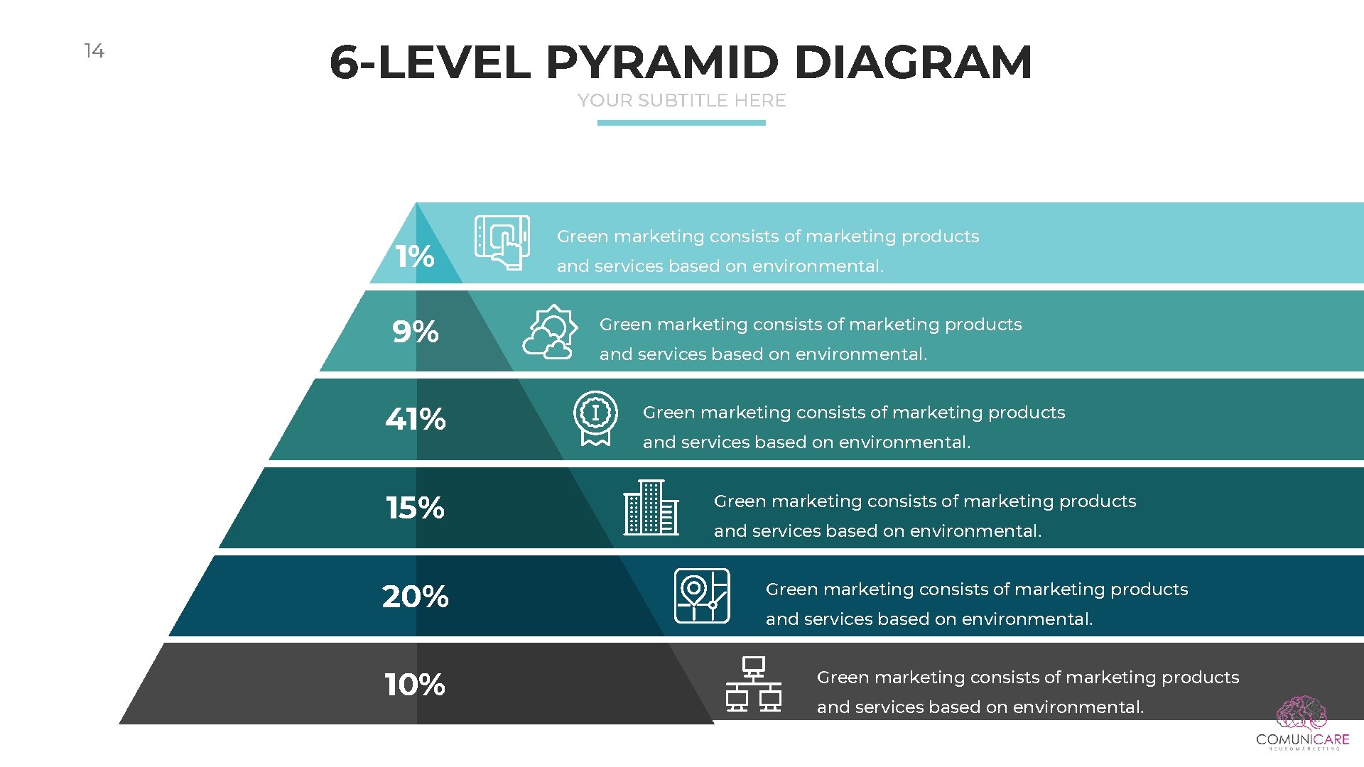 14 6 -LEVEL PYRAMID DIAGRAM YOUR SUBTITLE HERE 1% 9% 41% 15% 20% 10% 14 6 -LEVEL PYRAMID DIAGRAM YOUR SUBTITLE HERE 1% 9% 41% 15% 20% 10%