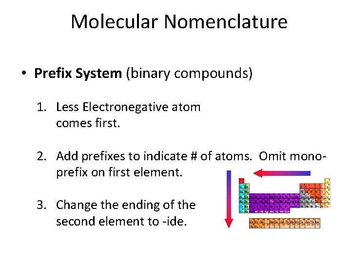 Molecular Nomenclature • Prefix System (binary compounds) 1. Less Electronegative atom comes first. 2.