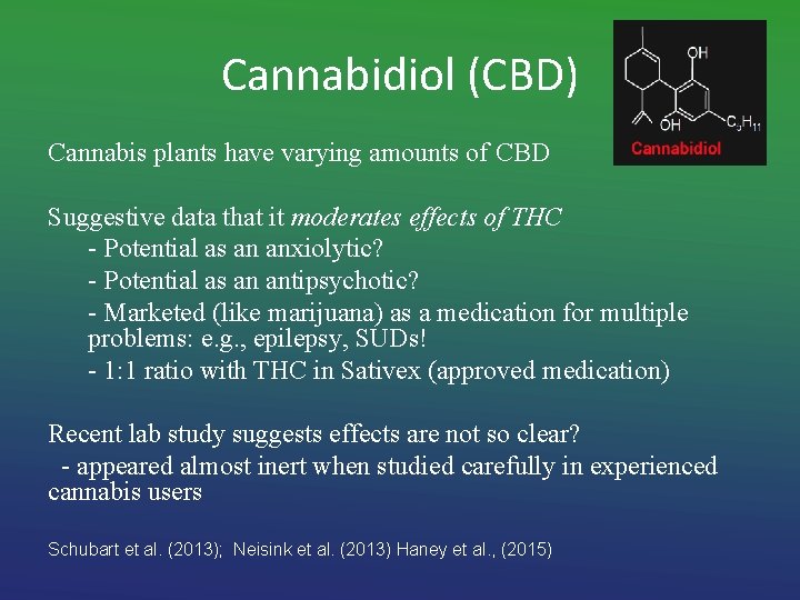 Cannabidiol (CBD) Cannabis plants have varying amounts of CBD Suggestive data that it moderates