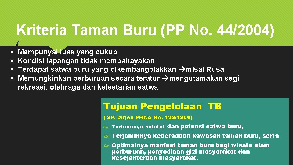Kriteria Taman Buru (PP No. 44/2004) • • ( Mempunyai luas yang cukup Kondisi