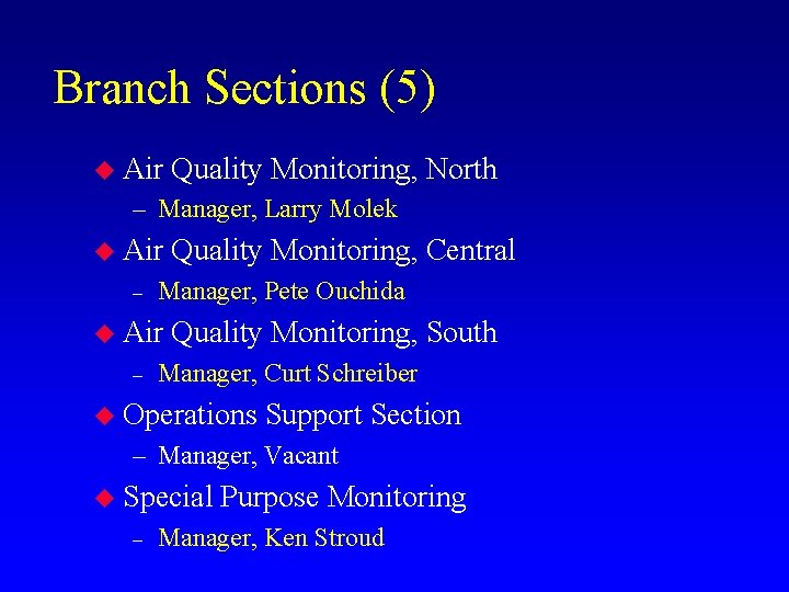 Branch Sections (5) u Air Quality Monitoring, North – Manager, Larry Molek u Air