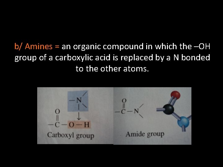 b/ Amines = an organic compound in which the –OH group of a carboxylic