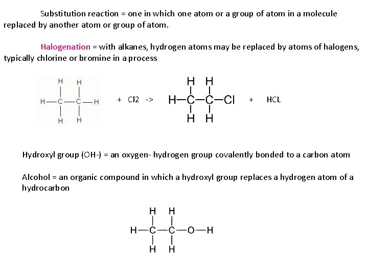 Substitution reaction = one in which one atom or a group of atom in