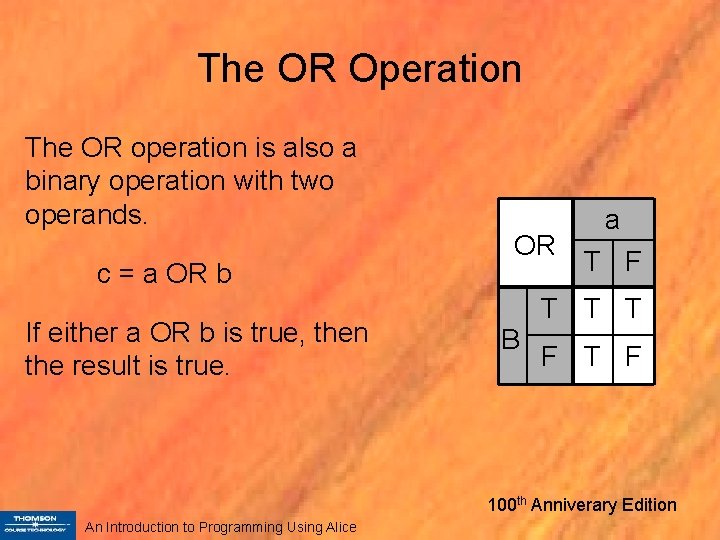The OR Operation The OR operation is also a binary operation with two operands.