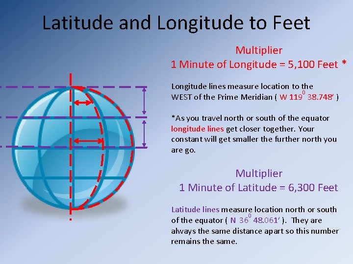 Latitude and Longitude to Feet Multiplier 1 Minute of Longitude = 5, 100 Feet
