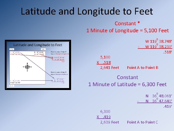 Latitude and Longitude to Feet Constant * 1 Minute of Longitude = 5, 100