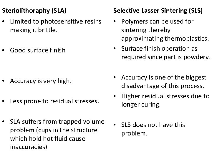 Steriolithoraphy (SLA) Selective Lasser Sintering (SLS) • Limited to photosensitive resins making it brittle.