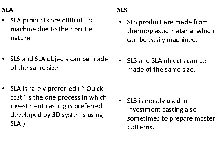 SLA • SLA products are difficult to machine due to their brittle nature. SLS