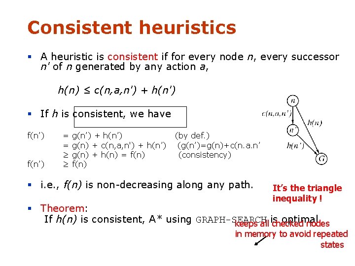 Consistent heuristics § A heuristic is consistent if for every node n, every successor