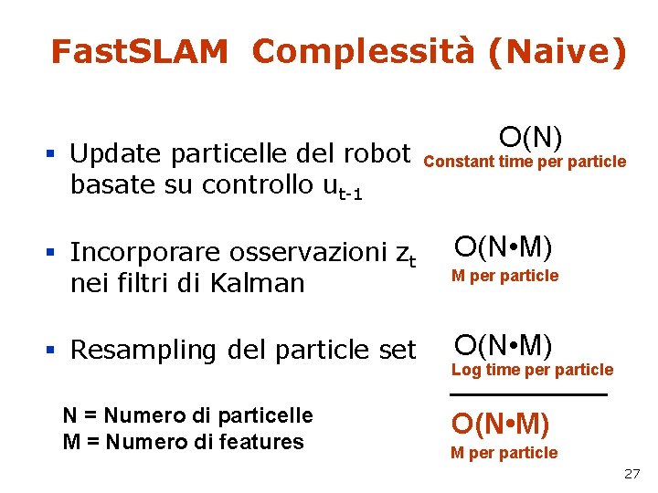 Fast. SLAM Complessità (Naive) § Update particelle del robot basate su controllo ut-1 §