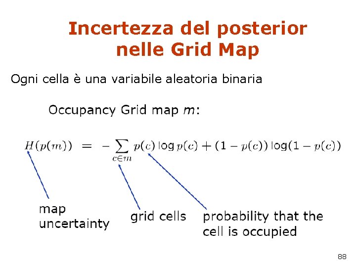 Incertezza del posterior nelle Grid Map Ogni cella è una variabile aleatoria binaria 88