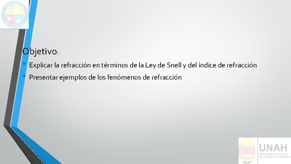 Objetivo: • Explicar la refracción en términos de la Ley de Snell y del