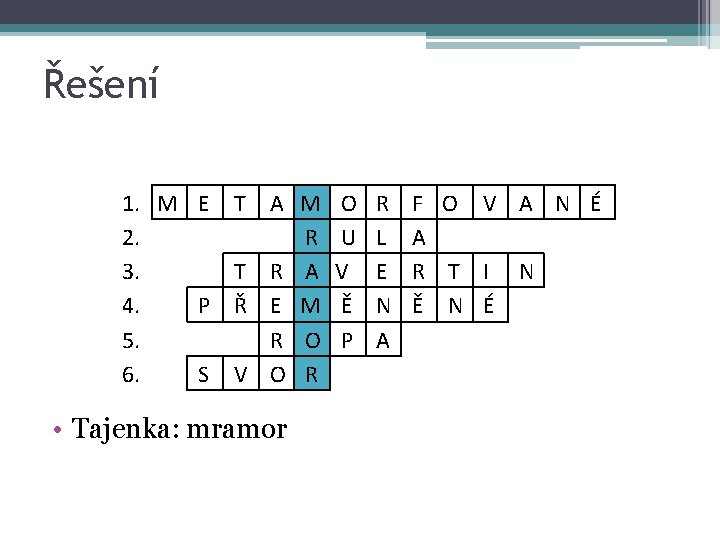 Řešení 1. M E T 2. 3. T 4. P Ř 5. 6. S