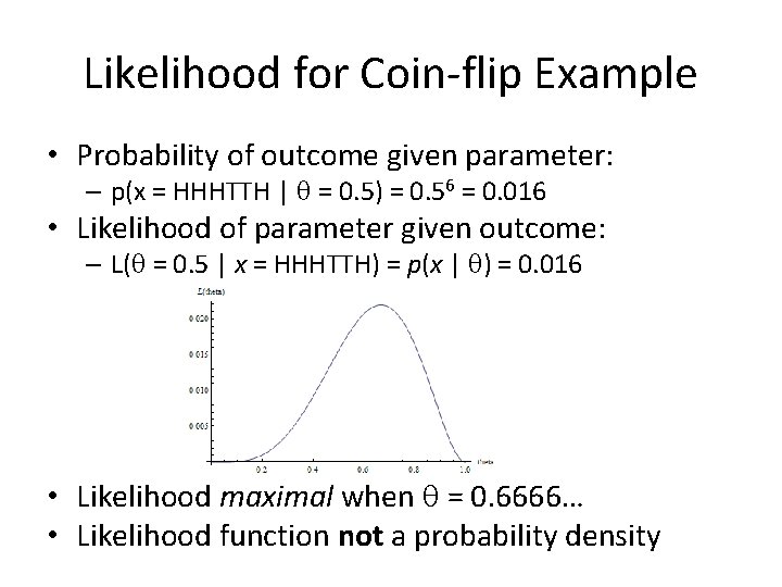 Likelihood for Coin-flip Example • Probability of outcome given parameter: – p(x = HHHTTH