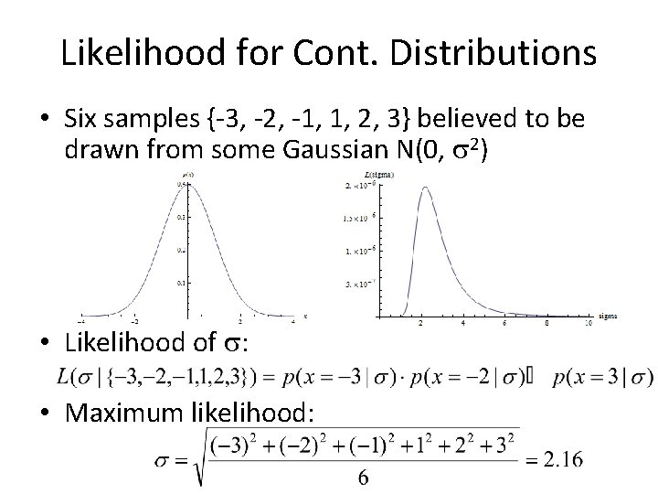 Likelihood for Cont. Distributions • Six samples {-3, -2, -1, 1, 2, 3} believed