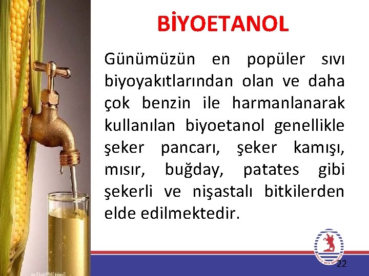 BİYOETANOL Günümüzün en popüler sıvı biyoyakıtlarından olan ve daha çok benzin ile harmanlanarak kullanılan