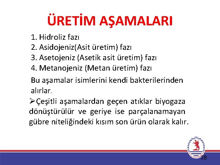 ÜRETİM AŞAMALARI 1. Hidroliz fazı 2. Asidojeniz(Asit üretim) fazı 3. Asetojeniz (Asetik asit üretim)