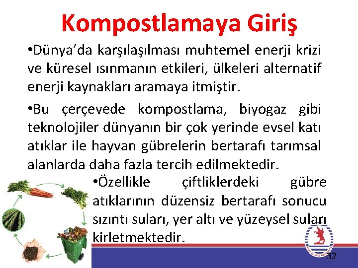 Kompostlamaya Giriş • Dünya’da karşılaşılması muhtemel enerji krizi ve küresel ısınmanın etkileri, ülkeleri alternatif