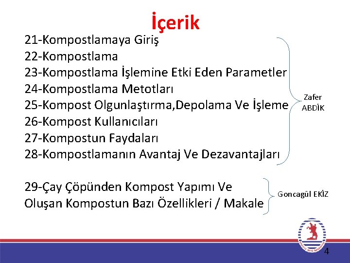 İçerik 21 -Kompostlamaya Giriş 22 -Kompostlama 23 -Kompostlama İşlemine Etki Eden Parametler 24 -Kompostlama