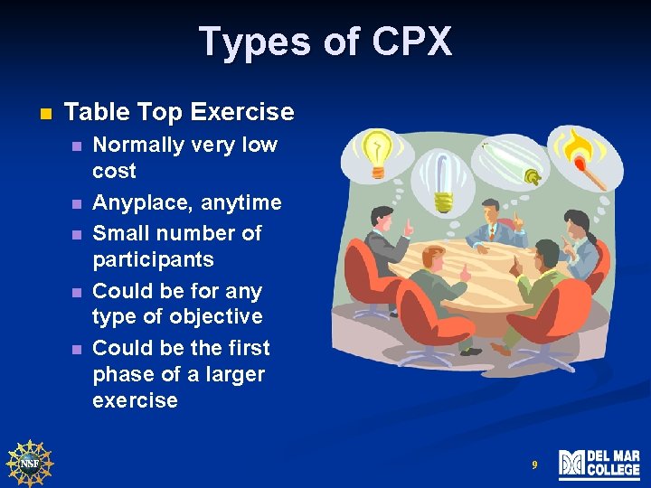 Types of CPX n Table Top Exercise n n n Normally very low cost
