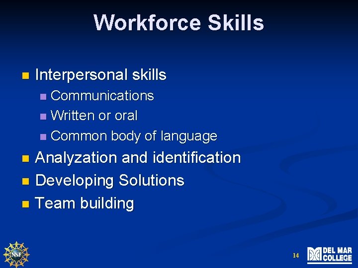 Workforce Skills n Interpersonal skills Communications n Written or oral n Common body of