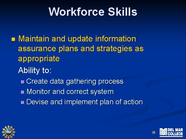 Workforce Skills n Maintain and update information assurance plans and strategies as appropriate Ability