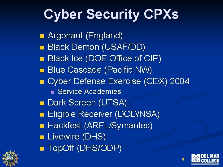 Cyber Security CPXs n n n Argonaut (England) Black Demon (USAF/DD) Black Ice (DOE