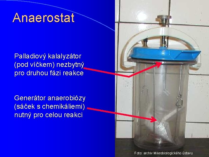 Anaerostat Palladiový kalalyzátor (pod víčkem) nezbytný pro druhou fázi reakce Generátor anaerobiózy (sáček s