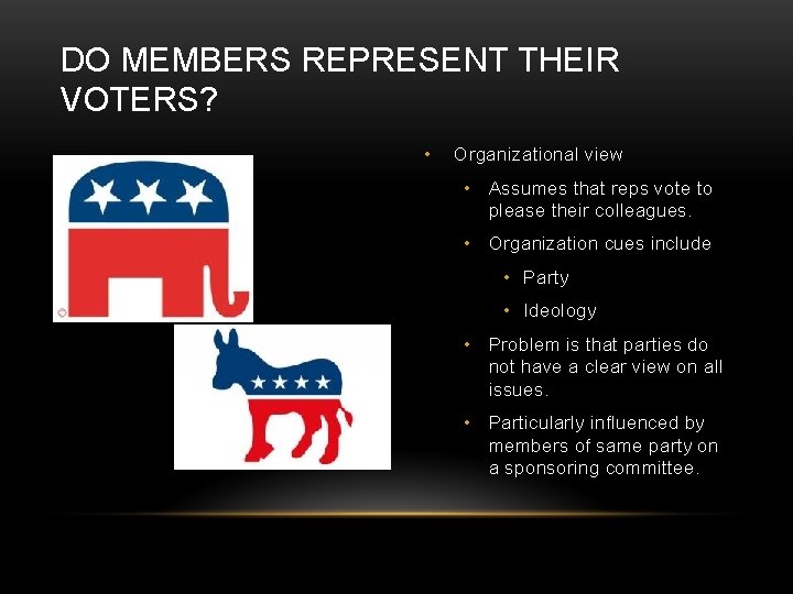 DO MEMBERS REPRESENT THEIR VOTERS? • Organizational view • Assumes that reps vote to