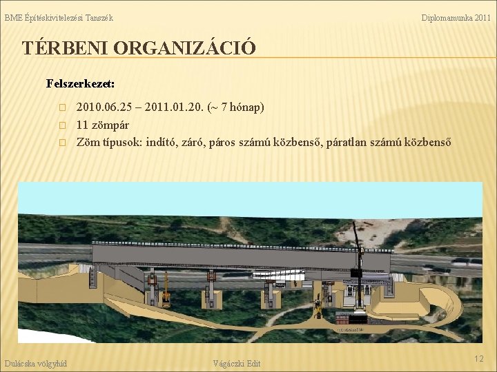 BME Építéskivitelezési Tanszék Diplomamunka 2011 TÉRBENI ORGANIZÁCIÓ Felszerkezet: � � � Dulácska völgyhíd 2010.