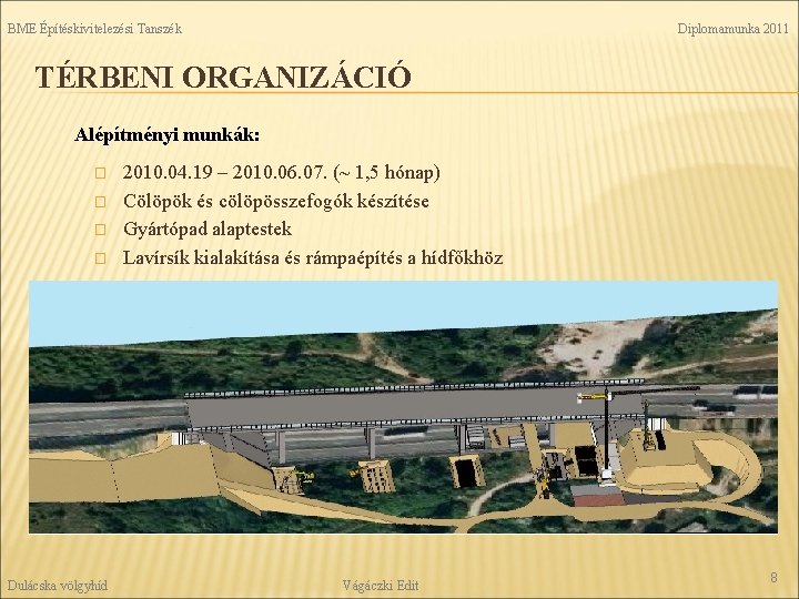 BME Építéskivitelezési Tanszék Diplomamunka 2011 TÉRBENI ORGANIZÁCIÓ Alépítményi munkák: � � Dulácska völgyhíd 2010.