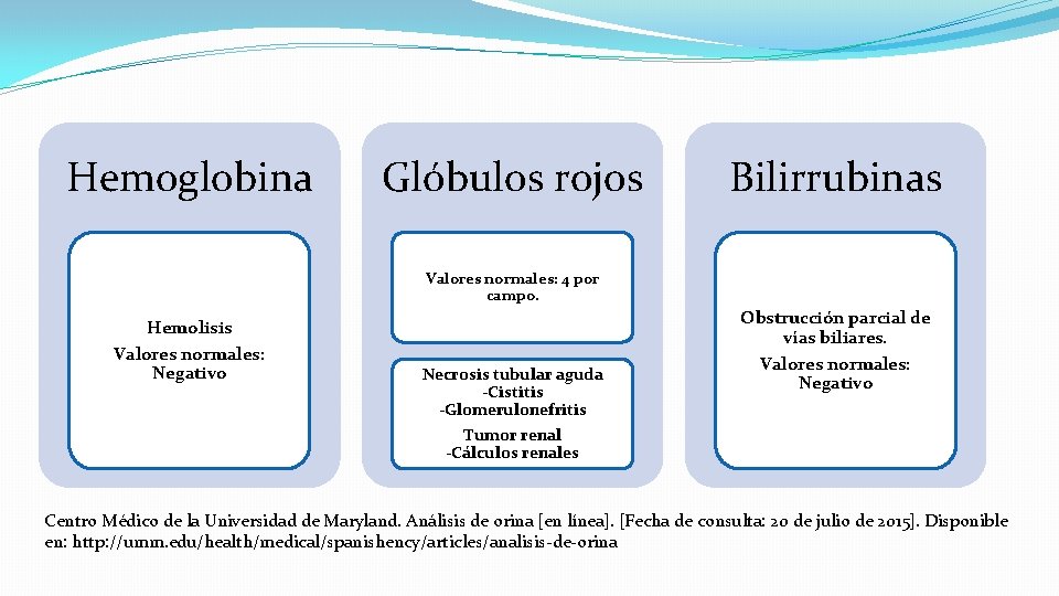 Hemoglobina Glóbulos rojos Bilirrubinas Valores normales: 4 por campo. Hemolisis Valores normales: Negativo Necrosis