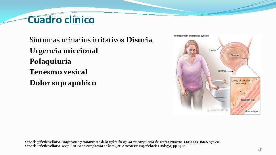 Cuadro clínico Síntomas urinarios irritativos Disuria Urgencia miccional Polaquiuria Tenesmo vesical Dolor suprapúbico Guía