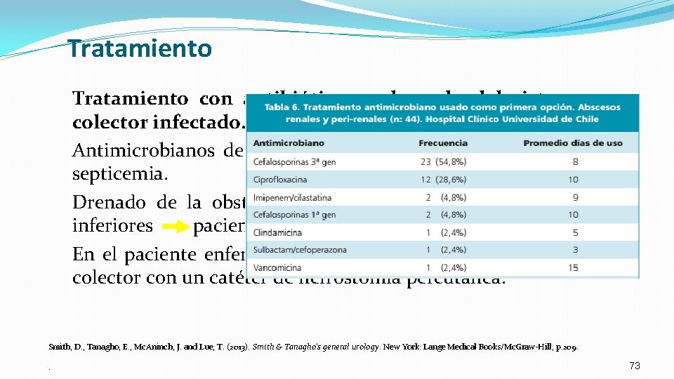 Tratamiento con antibióticos y drenado del sistema colector infectado. Antimicrobianos de amplio espectro indicados