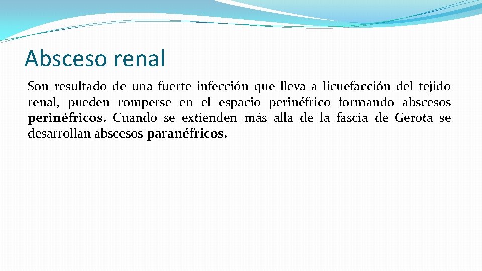 Absceso renal Son resultado de una fuerte infección que lleva a licuefacción del tejido