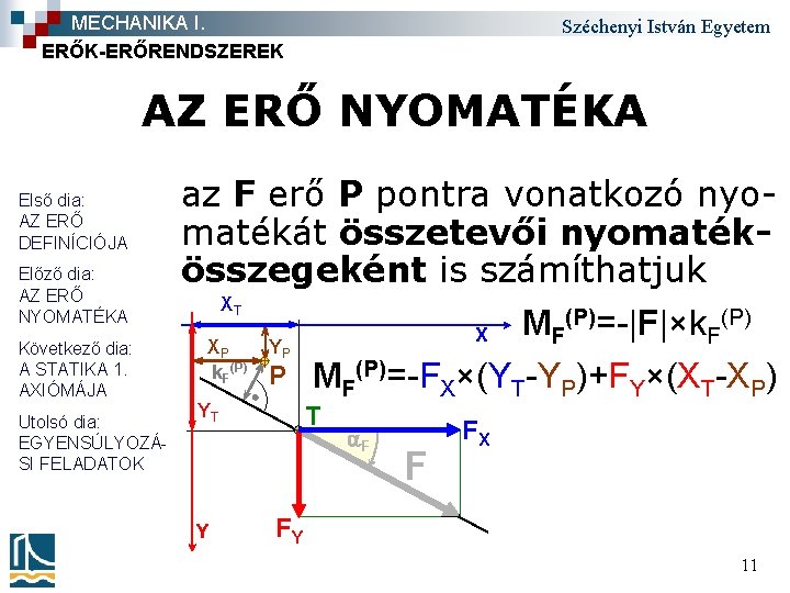 MECHANIKA I. ERŐK-ERŐRENDSZEREK Széchenyi István Egyetem AZ ERŐ NYOMATÉKA Első dia: AZ ERŐ DEFINÍCIÓJA