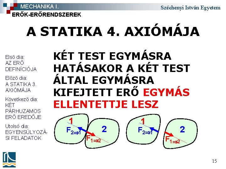 MECHANIKA I. ERŐK-ERŐRENDSZEREK Széchenyi István Egyetem A STATIKA 4. AXIÓMÁJA Első dia: AZ ERŐ