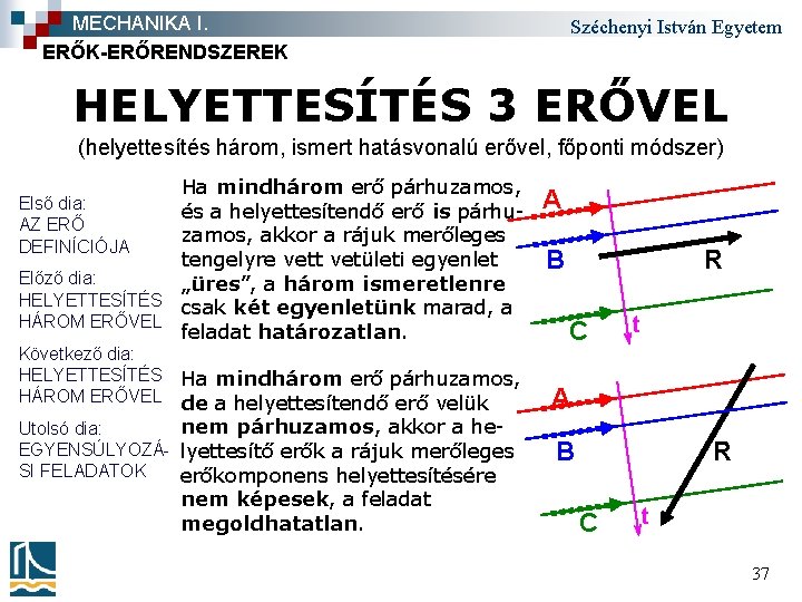 MECHANIKA I. ERŐK-ERŐRENDSZEREK Széchenyi István Egyetem HELYETTESÍTÉS 3 ERŐVEL (helyettesítés három, ismert hatásvonalú erővel,