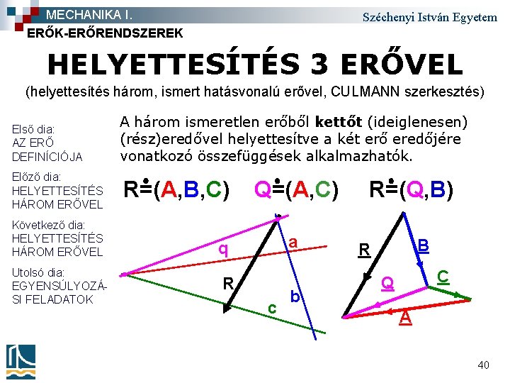 MECHANIKA I. ERŐK-ERŐRENDSZEREK Széchenyi István Egyetem HELYETTESÍTÉS 3 ERŐVEL (helyettesítés három, ismert hatásvonalú erővel,