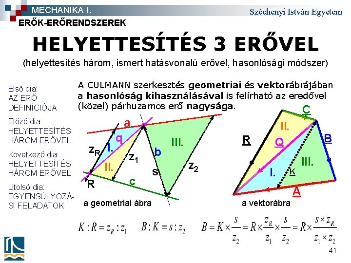 MECHANIKA I. ERŐK-ERŐRENDSZEREK Széchenyi István Egyetem HELYETTESÍTÉS 3 ERŐVEL (helyettesítés három, ismert hatásvonalú erővel,