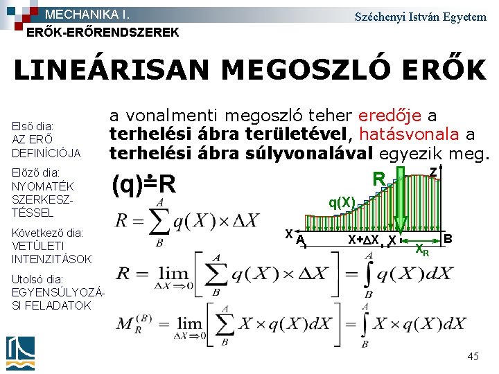 MECHANIKA I. ERŐK-ERŐRENDSZEREK Széchenyi István Egyetem LINEÁRISAN MEGOSZLÓ ERŐK Első dia: AZ ERŐ DEFINÍCIÓJA