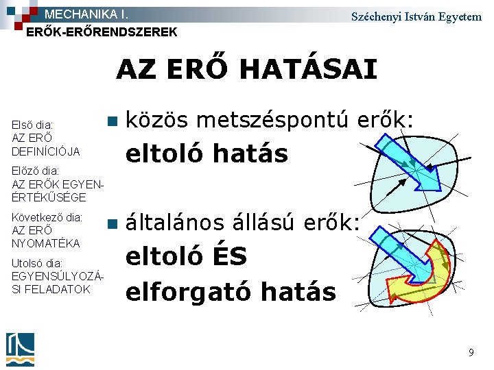 MECHANIKA I. ERŐK-ERŐRENDSZEREK Széchenyi István Egyetem AZ ERŐ HATÁSAI Első dia: AZ ERŐ DEFINÍCIÓJA