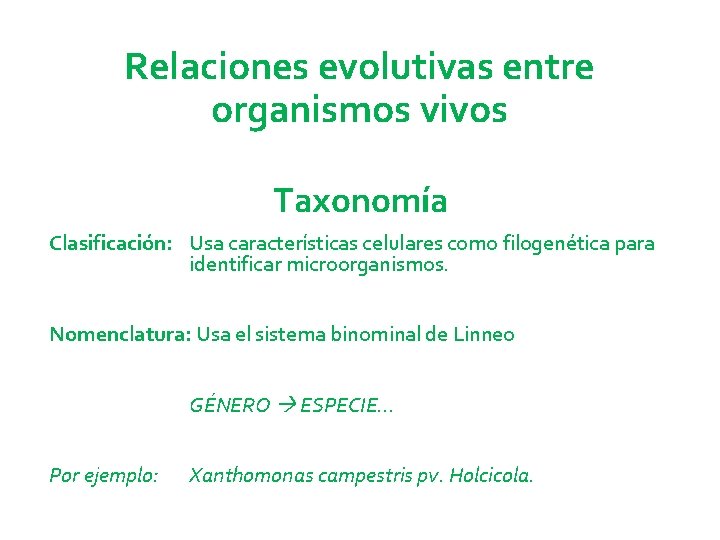 Relaciones evolutivas entre organismos vivos Taxonomía Clasificación: Usa características celulares como filogenética para identificar