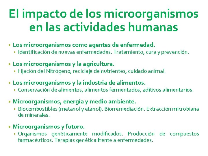 El impacto de los microorganismos en las actividades humanas • Los microorganismos como agentes
